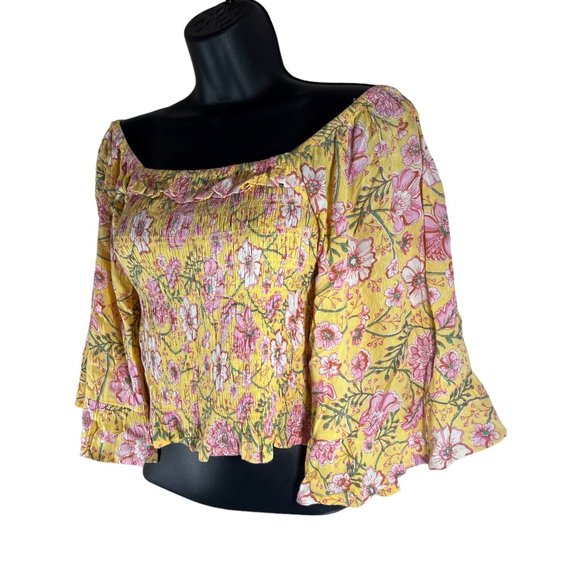 BILLABONG Be My Babe Crop Top Sz L Yellow Floral Bell Sleeve Square Neck Viscose - Picture 8 of 11